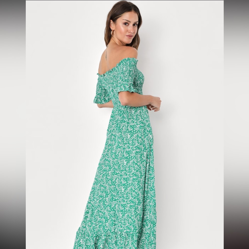 Fleur-tation Green Floral Print Off-the-Shoulder Midi Dress